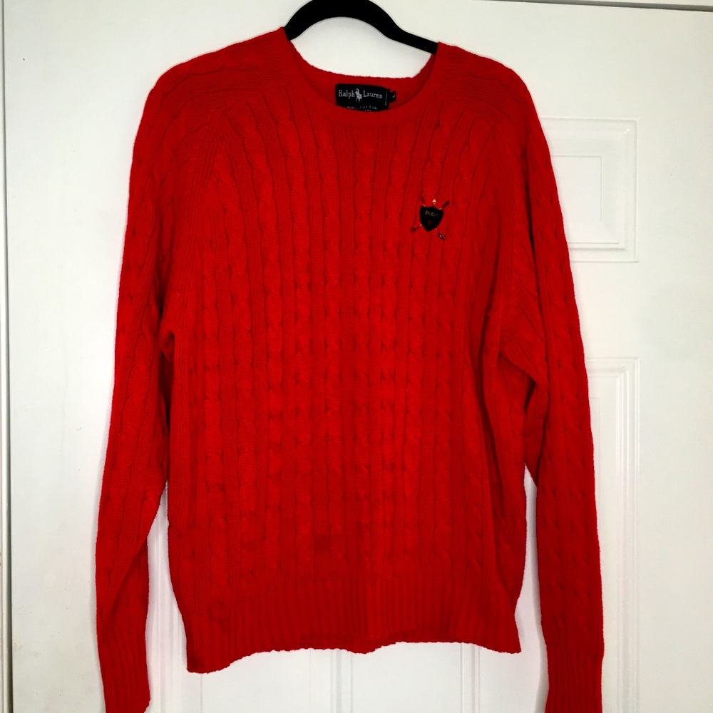 Polo Ralph Lauren Sweater Red Cotton Cable Knit Shield Plaid Golf Logo